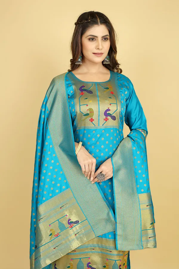 Firozi_Colour_Paithani_Suit_Unstitched_Fabric_With_Dupatta